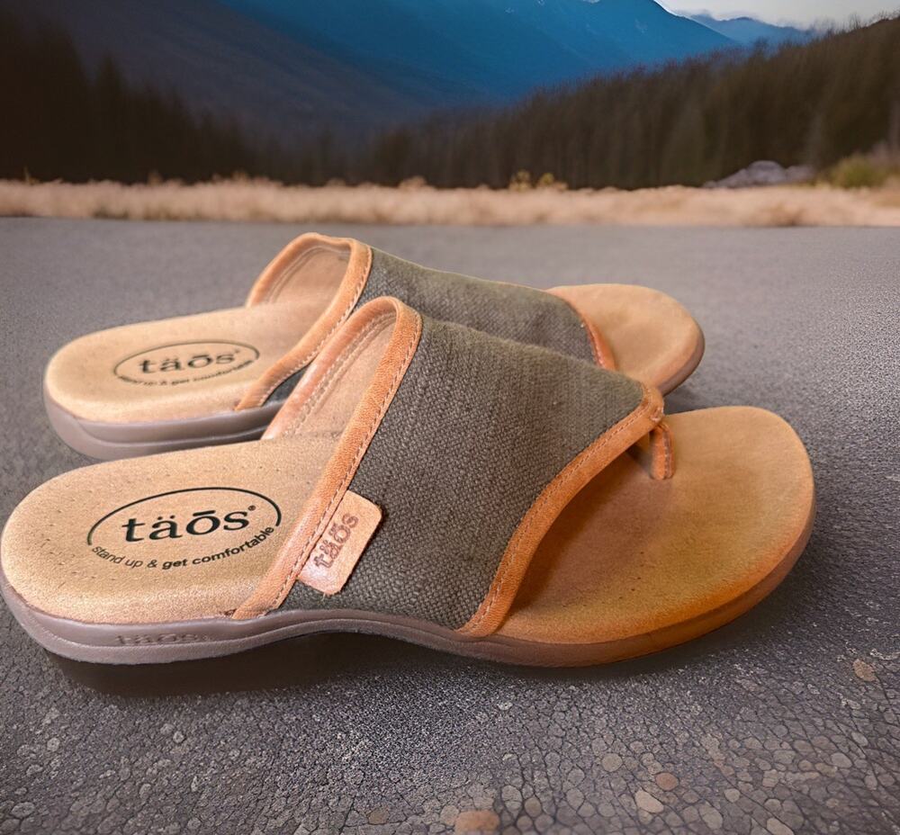 Taos Boundary Sandals Womens 7 Slip On Comfort Flat Slide Brown Olive Fabric
